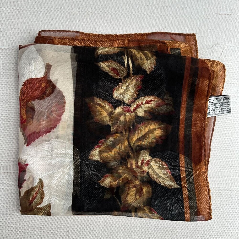 Vintage Liz Claiborne Scarf, 33 x 33 Autumn Leaf Print Square, Sheer Polyester